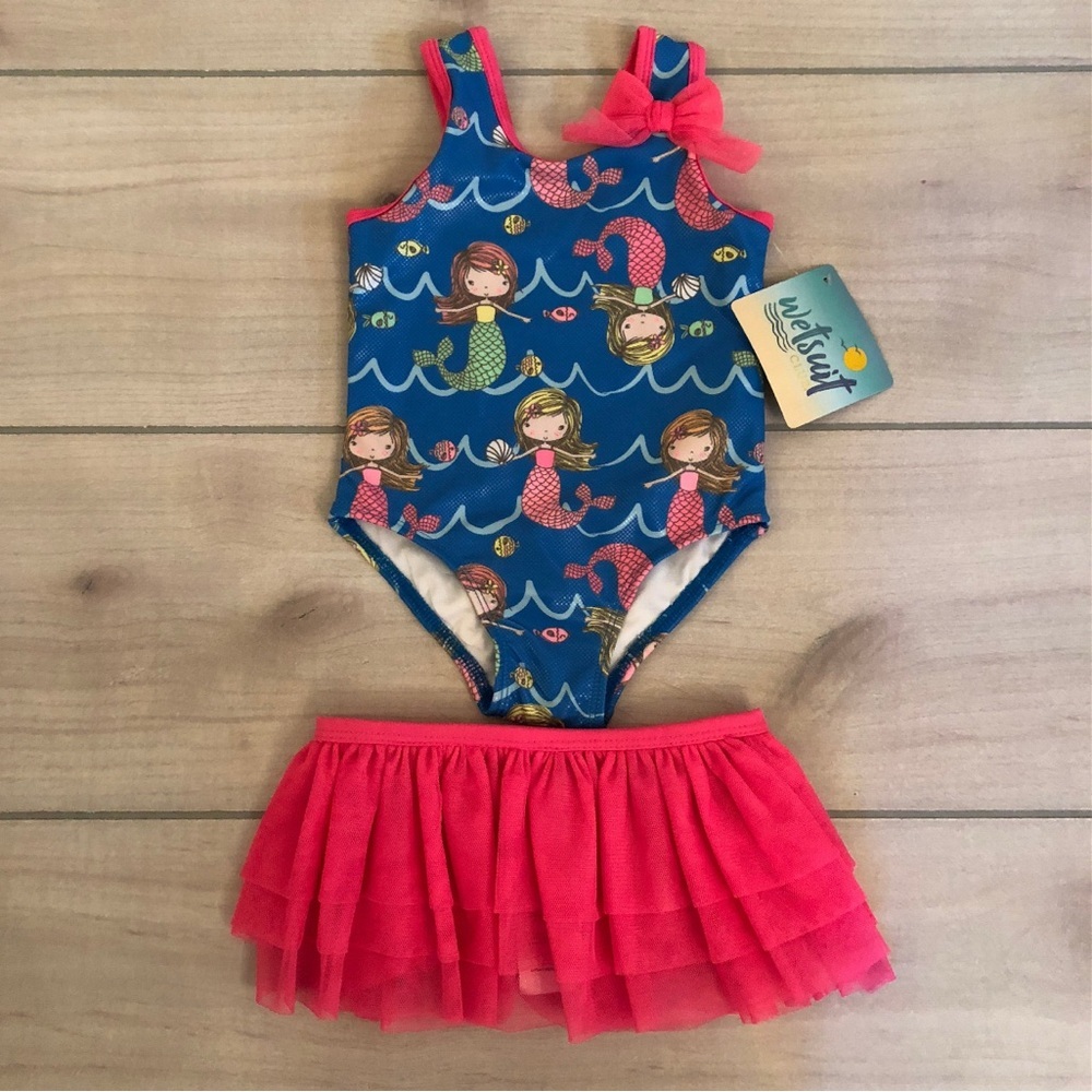 NWT Wetsuit Club Blue and Pink One Piece Mermaid Print Swimsuit with Tulle Skirt